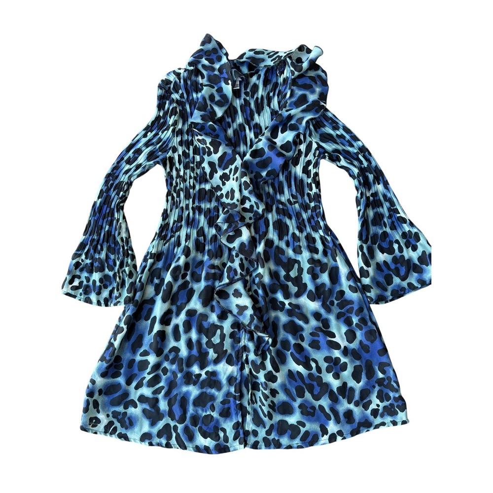 Allison Taylor Blue Leopard Print Ruffle V-Neck Pleated Bell Sleeve Blouse Small